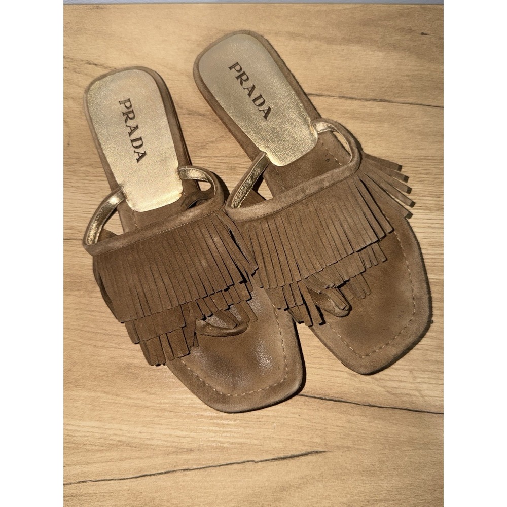 Prada black suede fringe flat sandal size 37/ US 6.5